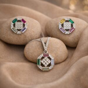 Silver Multicolor Geometric Pendant Set